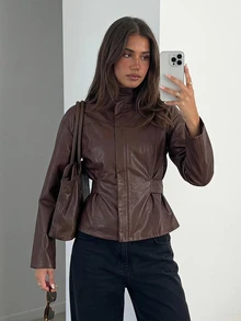 Siren Gaze Fitted Women's Solid Color Minimalist Short PU Leather Jacket, Long Sleeve Crop Top Cropped Dark Fall Brown Going Out Party - Multicolor - View 1