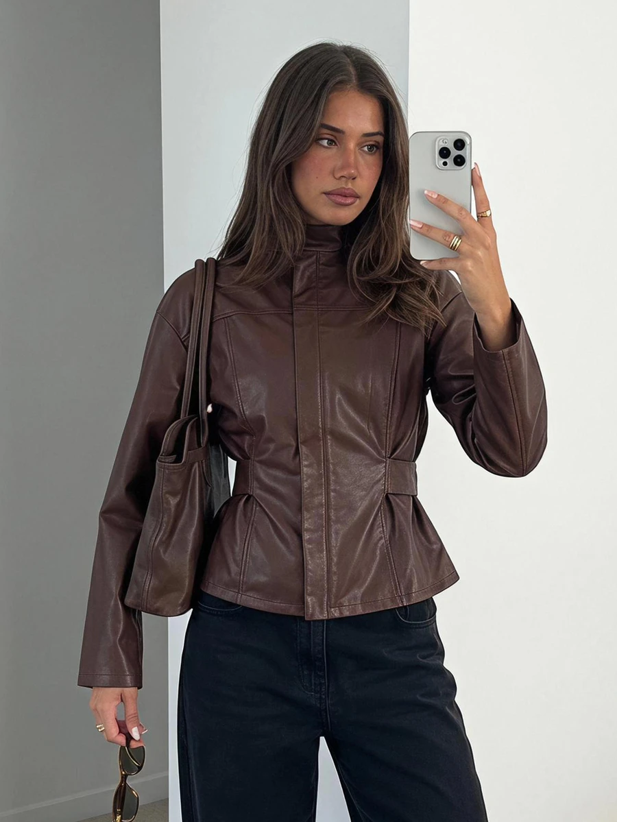 Siren Gaze Fitted Women's Solid Color Minimalist Short PU Leather Jacket, Long Sleeve Crop Top Cropped Dark Fall Brown Going Out Party - Multicolor - View 1