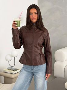 Siren Gaze Fitted Women's Solid Color Minimalist Short PU Leather Jacket, Long Sleeve Crop Top Cropped Dark Fall Brown Going Out Party - Multicolor - View 9