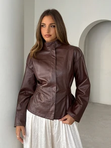 Siren Gaze Fitted Women's Solid Color Minimalist Short PU Leather Jacket, Long Sleeve Crop Top Cropped Dark Fall Brown Going Out Party - Multicolor - View 5