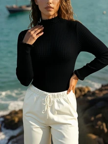 SHEIN EZwear Plus Size Women Ribbed Knit Mock Neck Long Sleeve Slim Fit Pullover Sweater Top For Fall Winter Casual Wear - Black - View 2