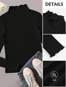 SHEIN EZwear Plus Size Women Ribbed Knit Mock Neck Long Sleeve Slim Fit Pullover Sweater Top For Fall Winter Casual Wear - Black - View 3