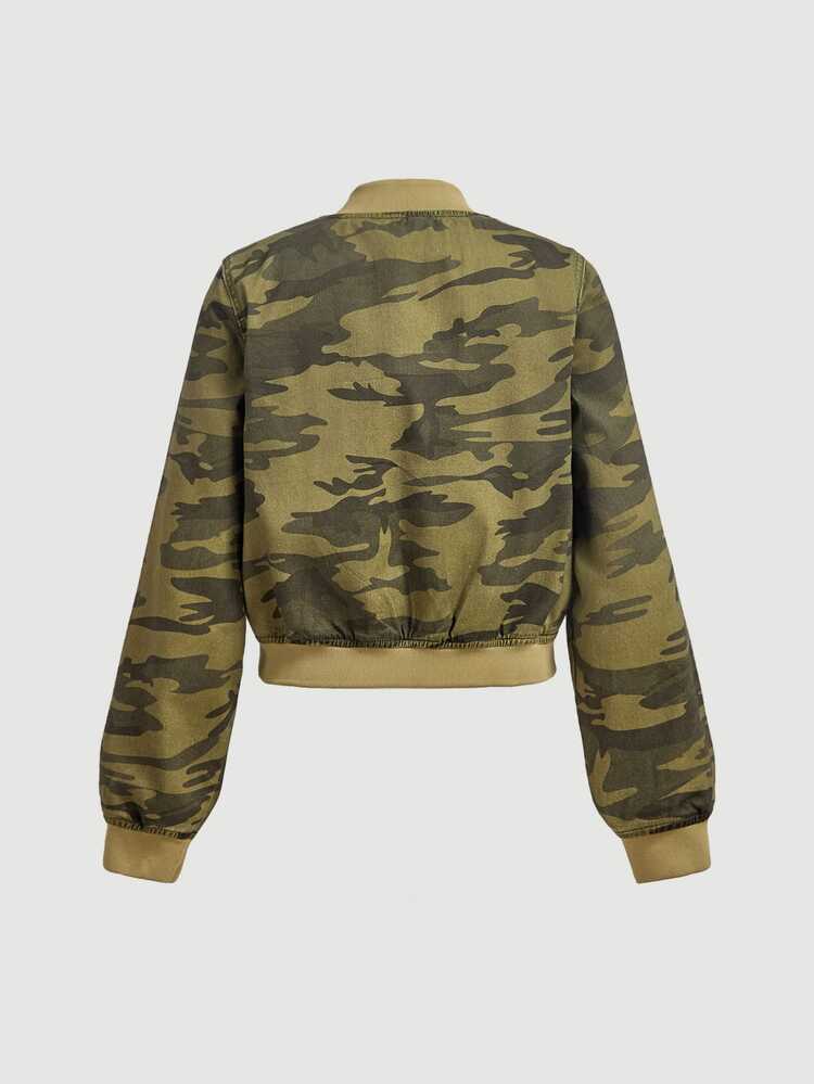 EMERY ROSE Women's Camouflage Print Zipper Denim Flight Jacket - Multicolor - View 7