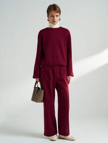 Airaco 2pcs Women Casual Solid Color Drop Shoulder Sweatshirt And Pants Set, Autumn - Burgundy - View 8