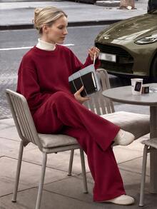 Airaco 2pcs Women Casual Solid Color Drop Shoulder Sweatshirt And Pants Set, Autumn - Burgundy - View 2