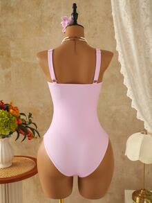 SHEIN Swim 女士随机印花深V领性感连体泳衣，两件套带网纱裹裙，沙滩度假性感泳装 - 粉色 - 查看 3