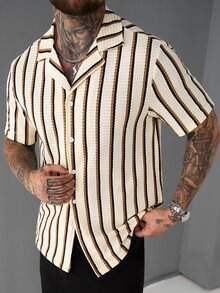 Manfinity EZcore 男士大尺碼條紋短袖襯衫，夏季休閒鈕扣式 Polo 風格上衣，度假復古街頭風梭織 - 彩色 - 查看 4