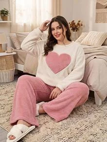 SHEIN CURVE+ Plus Size Women's Round Neck Fashion Loose Warm Pullover Sweater And Pants Set - Multicolor - View 1