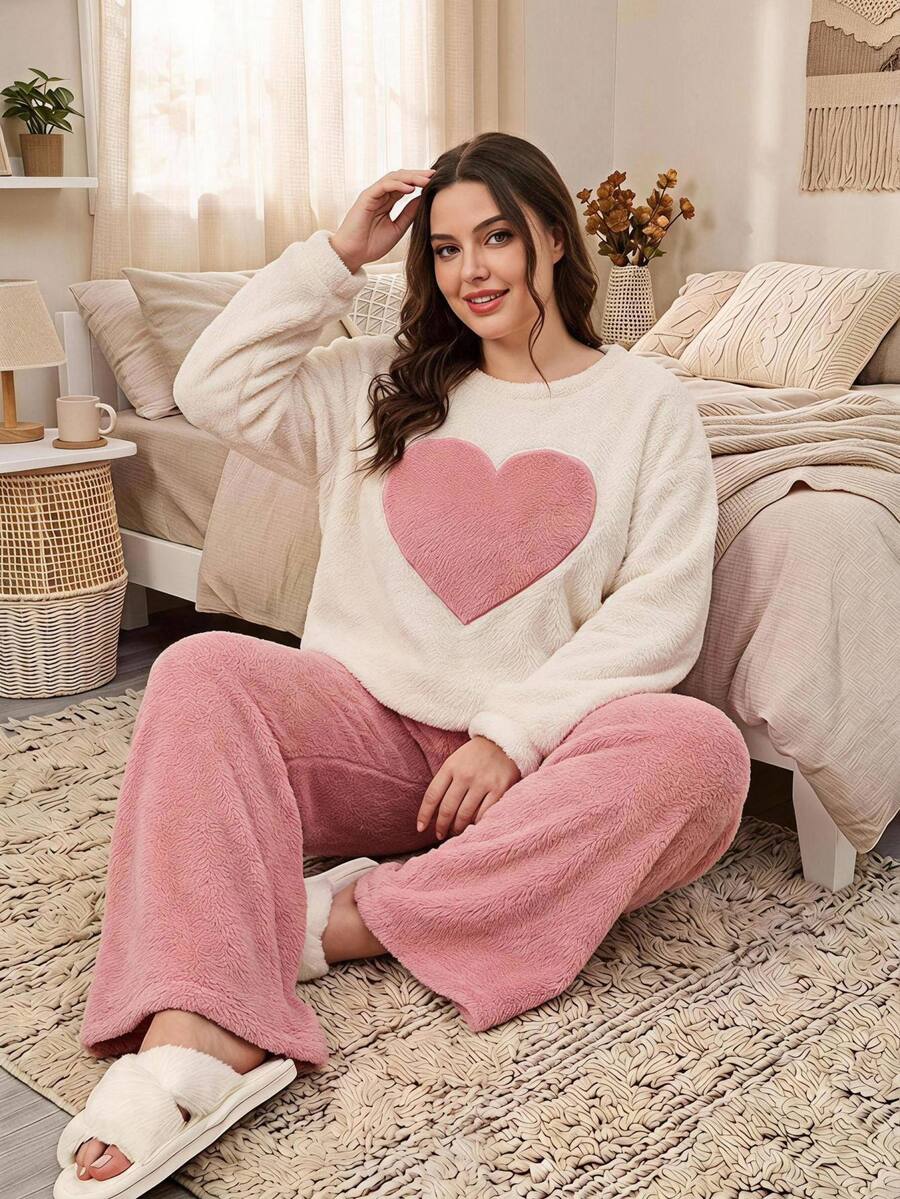 SHEIN CURVE+ Plus Size Women's Round Neck Fashion Loose Warm Pullover Sweater And Pants Set - Multicolor - View 1
