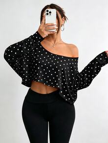 Elenzga 女款不對稱領長袖短版休閒T恤 - 彩色 - 查看 1