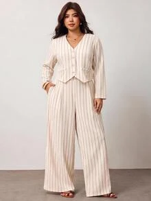 Enliva Plus-Size Women's Casual Striped Shirt And Trousers Set Apple,Rounded Body Fall Piece Set Woman Winter Fall Work Outfits For Women - Apricot - View 5