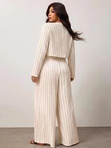 Enliva Plus-Size Women's Casual Striped Shirt And Trousers Set Apple,Rounded Body Fall Piece Set Woman Winter Fall Work Outfits For Women - Apricot - View 2
