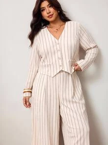 Enliva Plus-Size Women's Casual Striped Shirt And Trousers Set Apple,Rounded Body Fall Piece Set Woman Winter Fall Work Outfits For Women - Apricot - View 3