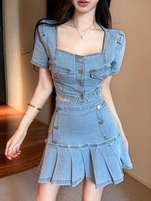 Joudiya Spring Summer Minimalist Preppy Style Short Shirt And Short Pleated Skirt Denim Set For Women Back-To-School Everyday Light Blue Back-To-School - Blue - View 4