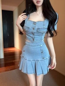 Joudiya Spring Summer Minimalist Preppy Style Short Shirt And Short Pleated Skirt Denim Set For Women Back-To-School Everyday Light Blue Back-To-School - Blue - View 5