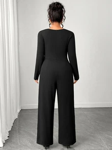 Elenzga Plus Size Women's Fashion Versatile V-Neck Contrast Mesh Long Sleeve Jumpsuit - Black - View 2