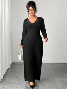 Elenzga Plus Size Women's Fashion Versatile V-Neck Contrast Mesh Long Sleeve Jumpsuit - Black - View 5