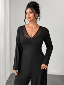 Elenzga Plus Size Women's Fashion Versatile V-Neck Contrast Mesh Long Sleeve Jumpsuit - Black - View 4