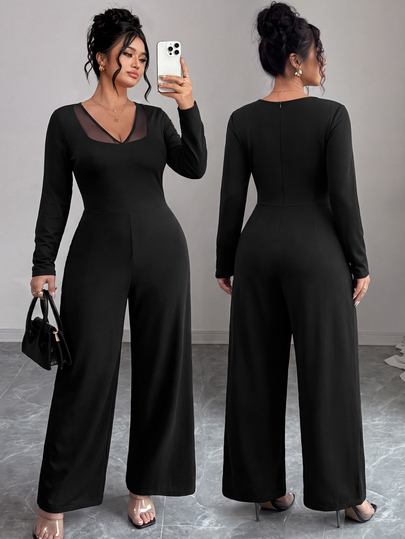 Elenzga Plus Size Women's Fashion Versatile V-Neck Contrast Mesh Long Sleeve Jumpsuit