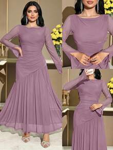 Feyla Women's Elegant Solid Color Party/Date Night Ruched Waist Slit Hem Dress With Long Sleeves - Dusty Pink - View 1