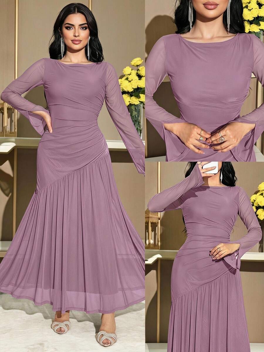 Feyla Women's Elegant Solid Color Party/Date Night Ruched Waist Slit Hem Dress With Long Sleeves - Dusty Pink - View 1