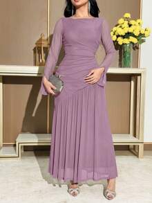 Feyla Women's Elegant Solid Color Party/Date Night Ruched Waist Slit Hem Dress With Long Sleeves - Dusty Pink - View 4