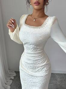 Modelyn Women's Apricot Contrast Material Splicing Chain Embroidery Waist Bodycon Dress Fall Cloth For Women - Apricot - View 3