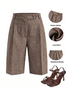 Lavishia Women's Loose Casual Elegant Buckle Pocket Mid-Length Pants,Fashionable Office Work Fall - Khaki - View 1