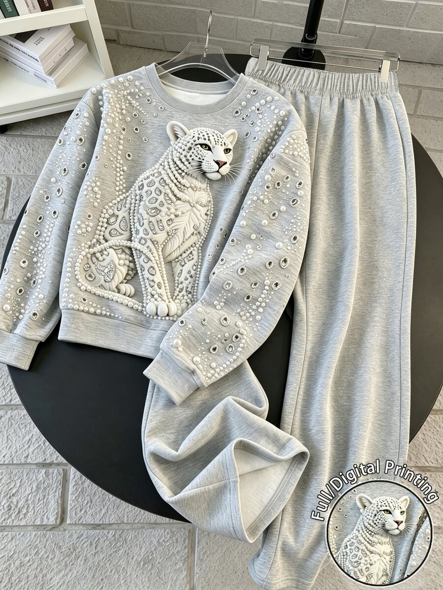 SHEIN 女童大童米色V領長袖23字母數字印花T恤與紅色寬腿褲2件套,春秋兒童運動舒適休閒日常穿著 - 灰色 - 查看 1