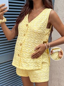 MaterniWear Maternity Wear Soft Yellow Textured Embroidered Sleeveless Top Adjustable Waist Casual Romantic Shorts Set Summer Postpartum Breastfeeding Office - Yellow - View 4