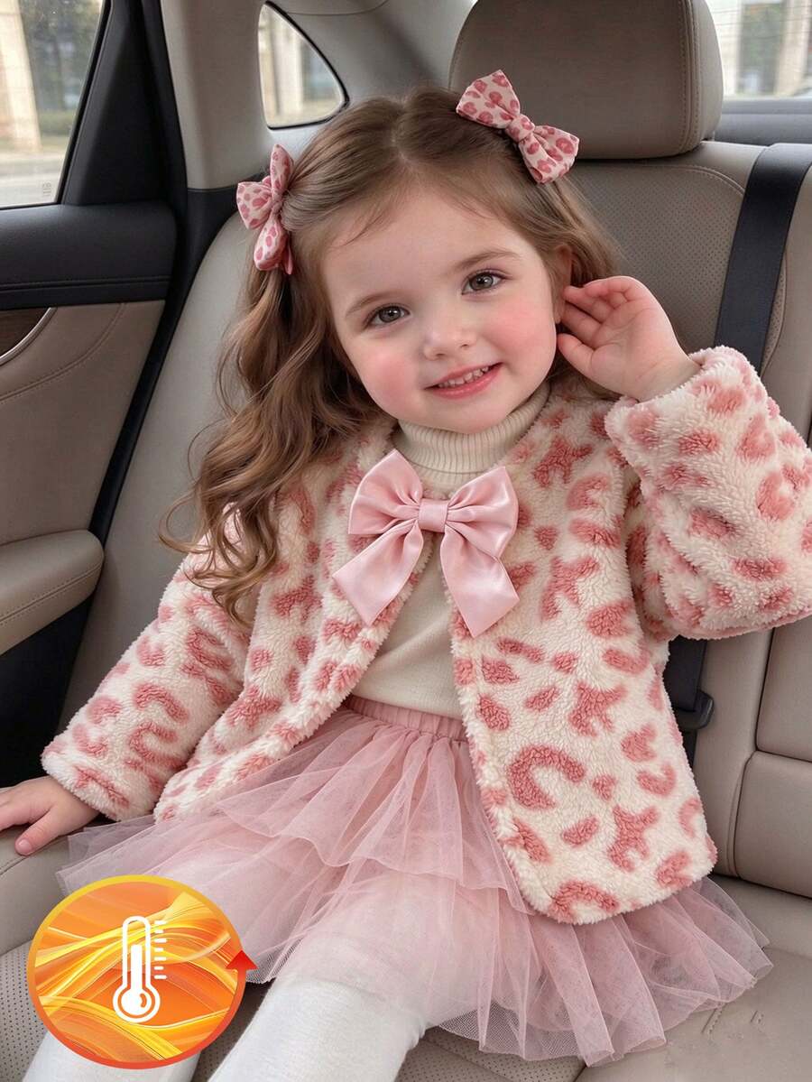 SHEIN Elladie kids 幼女可愛甜美粉色白色豹紋蝴蝶結毛茸茸長袖圓領加厚夾克外套,冬季秋季節日派對外衣 - 粉色 - 查看 1