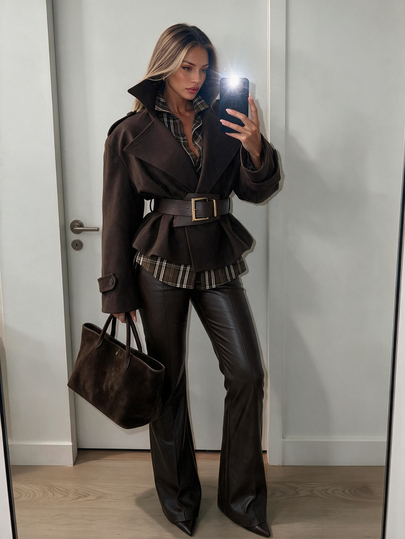 SHEIN ICON Autumn/Winter Deep Brown Oversized Lapel Short Overcoat For Women With Wide Waist Belt, Cinched Waist, Ruffle Hem, Petite Vintage Elegant Short Jacket