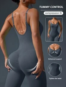 SHEIN Sports Women Solid Color Ruched Butt Yoga Jumpsuit With Straps - Dark Grey - View 5