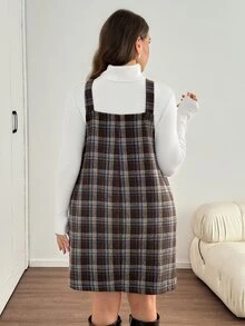 Easowa Curve Plus Size Loose Strap Button Pocket Plaid Casual 1920 Vintage 90s 80s Mini Dress Summer Clothes For Women Teacher Graduation Birthday Black Brown - Multicolor - View 3