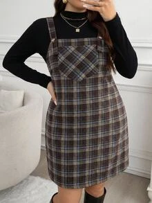 Easowa Curve Plus Size Loose Strap Button Pocket Plaid Casual 1920 Vintage 90s 80s Mini Dress Summer Clothes For Women Teacher Graduation Birthday Black Brown - Multicolor - View 8