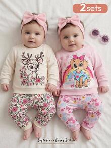 Cozy Pixies Newborn Baby Girl Cartoon Animal Pattern Knit Soft Round Neck Long Sleeve Pullover Winter Top Elastic Waist Long Pants 2pcs Sets - Pink - View 3