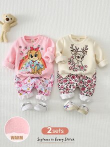 Cozy Pixies Newborn Baby Girl Cartoon Animal Pattern Knit Soft Round Neck Long Sleeve Pullover Winter Top Elastic Waist Long Pants 2pcs Sets - Pink - View 10