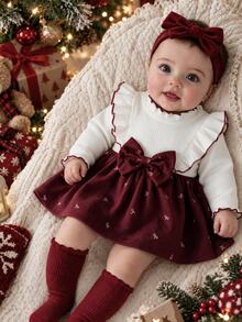 SHEIN 2pcs Baby Girls Corduroy Dress Sweet Elegant Burgundy Bow Knot Ruffle Ribbed Long Sleeve Round Neck Regular Party Winter Christmas Holiday Fall Chic - Red - View 1