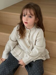Hapijoa Young Girl Fall Clothes Patchwork Contrast Color Ruffle Fitted Long Sleeve Round Neck Drawstring Tie Casual Cardigan Winter - Beige - View 5