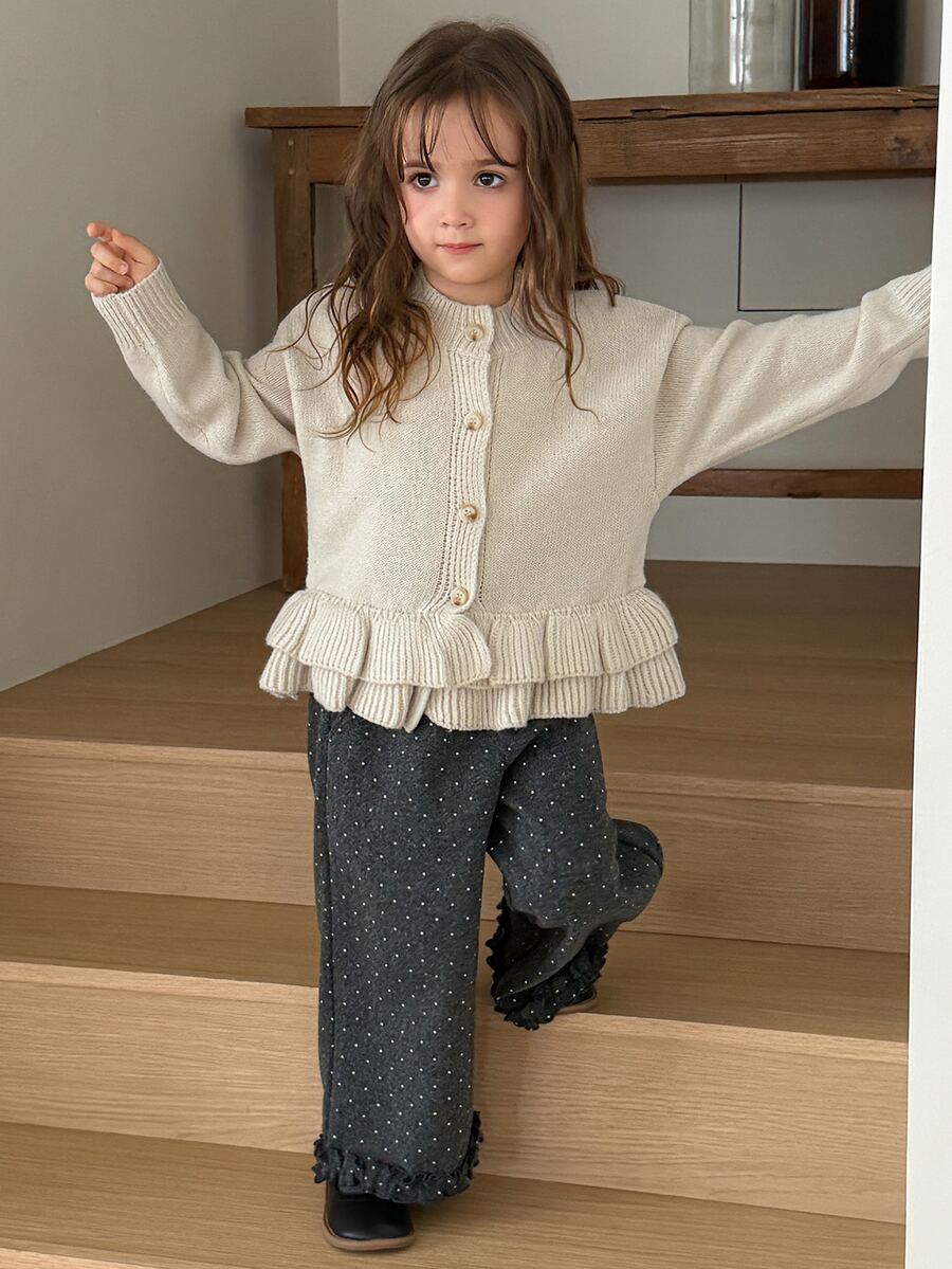 Hapijoa Young Girl Fall Clothes Patchwork Contrast Color Ruffle Fitted Long Sleeve Round Neck Drawstring Tie Casual Cardigan Winter - Beige - View 1