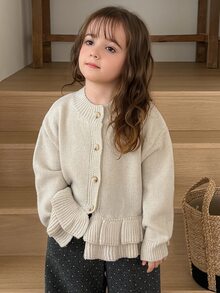 Hapijoa Young Girl Fall Clothes Patchwork Contrast Color Ruffle Fitted Long Sleeve Round Neck Drawstring Tie Casual Cardigan Winter - Beige - View 3
