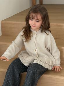 Hapijoa Young Girl Fall Clothes Patchwork Contrast Color Ruffle Fitted Long Sleeve Round Neck Drawstring Tie Casual Cardigan Winter - Beige - View 9