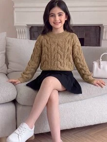 SHEIN Kids Tween Girl Solid Color Simple Hollow Out Round Neck Pullover Autumn Winter Hoodie Tween Girl - Camel - View 3