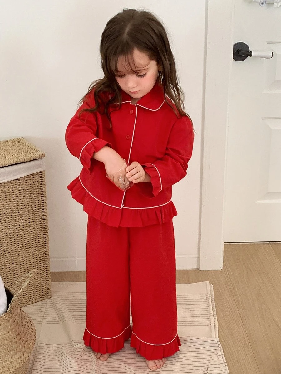 DAZY Young Girl) Colorblock Casual Shirt Top + Straight Leg Pants 2 Pieces Loungewear Set Fall - Red - View 1