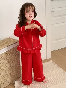 DAZY Young Girl) Colorblock Casual Shirt Top + Straight Leg Pants 2 Pieces Loungewear Set Fall - Red - View 5