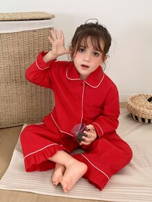 DAZY Young Girl) Colorblock Casual Shirt Top + Straight Leg Pants 2 Pieces Loungewear Set Fall - Red - View 6