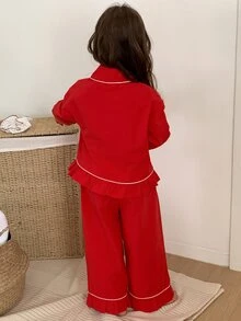 DAZY Young Girl) Colorblock Casual Shirt Top + Straight Leg Pants 2 Pieces Loungewear Set Fall - Red - View 2