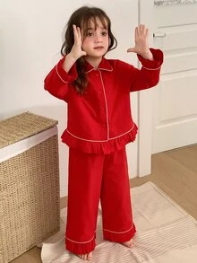 DAZY Young Girl) Colorblock Casual Shirt Top + Straight Leg Pants 2 Pieces Loungewear Set Fall - Red - View 8
