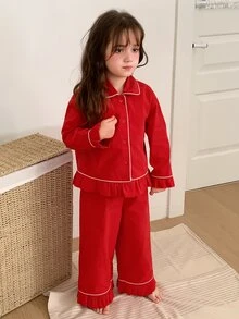 DAZY Young Girl) Colorblock Casual Shirt Top + Straight Leg Pants 2 Pieces Loungewear Set Fall - Red - View 4