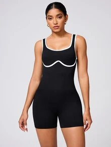 SHEIN Sports 黑白配色夏季性感健身女款背心連身褲，露背蜜桃臀健身服，空中瑜伽短褲套裝運動服連身衣 - 黑與白 - 查看 8